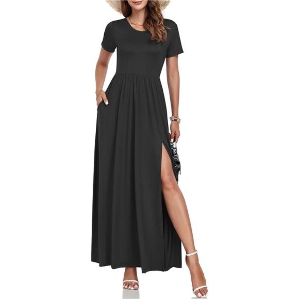 Women Maxi Dress 2025 Summer Short Sleeve Side Split Casual Long